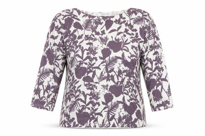Front view of Soon women’s purple floral pullover hoodie, size UK 12