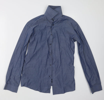 Mens UK Size 14 Cedar Wood State Blue  Button-Up Long Sleeve Casual Shirt