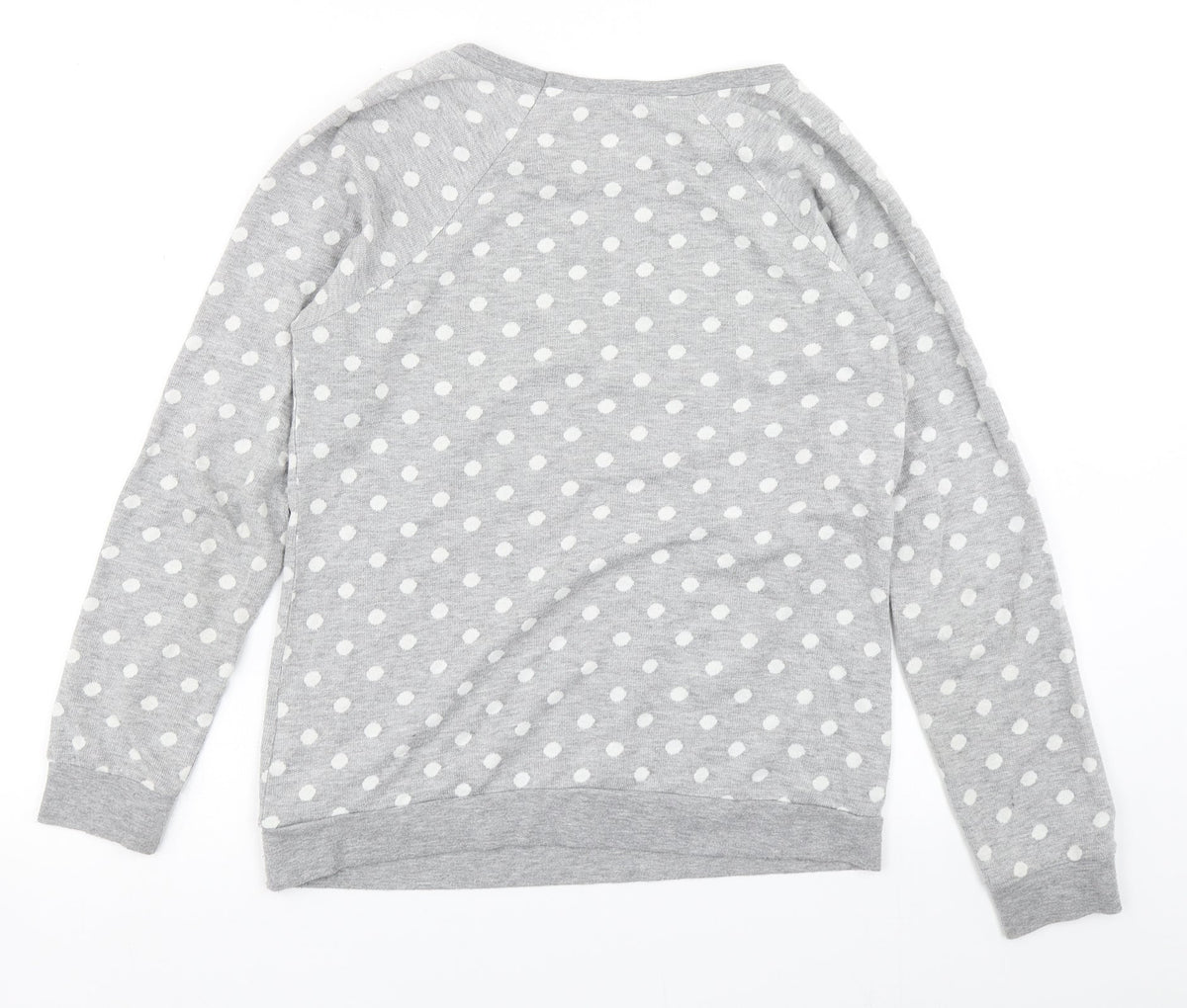 Back view of Papaya women’s grey polka dot pullover sweatshirt, size UK 8