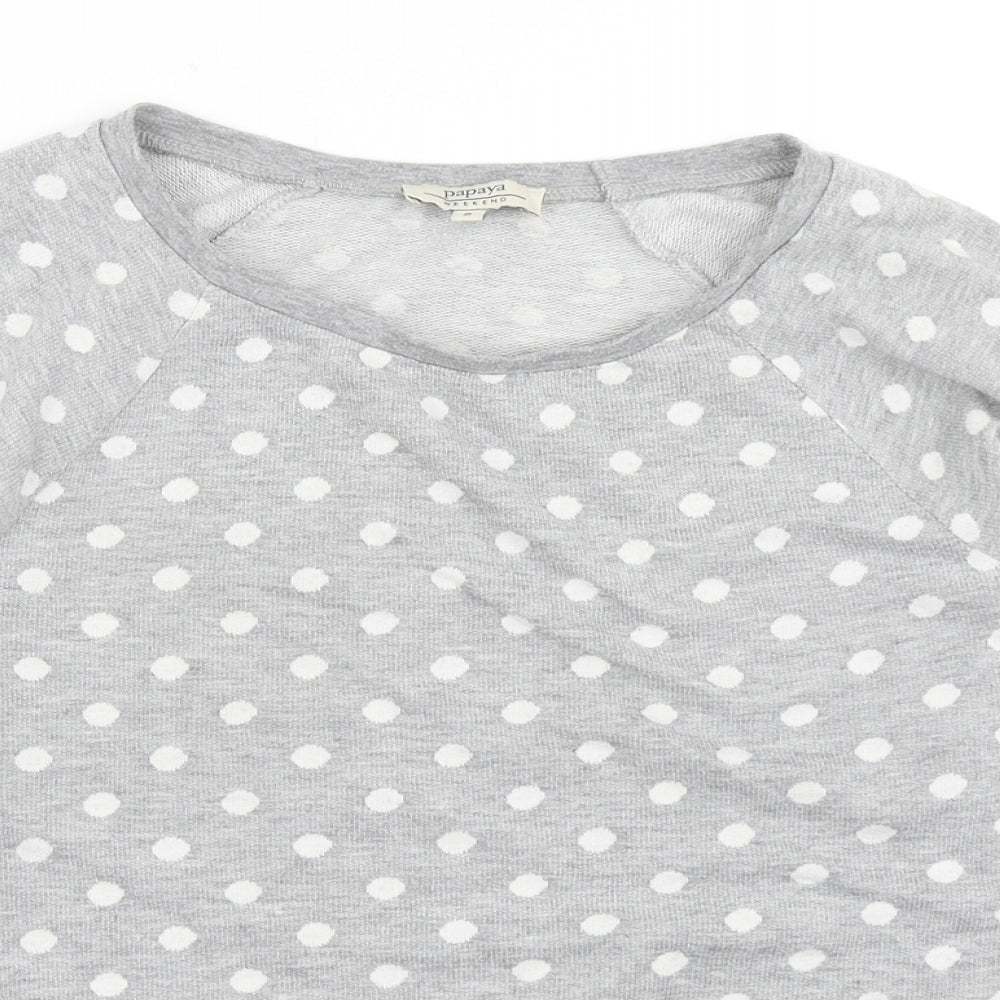 Close-up detail of Papaya women’s grey polka dot pullover sweatshirt, size UK 8