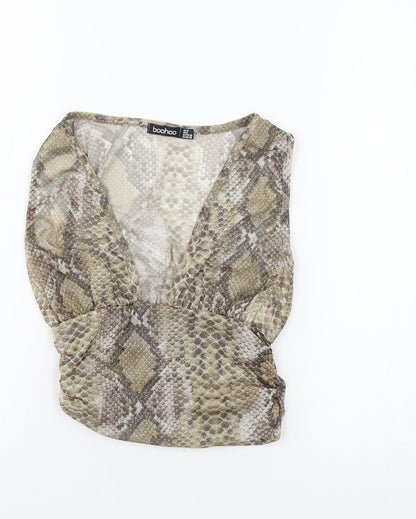 Boohoo Womens Beige Animal Print Mesh Basic T-Shirt Size 10