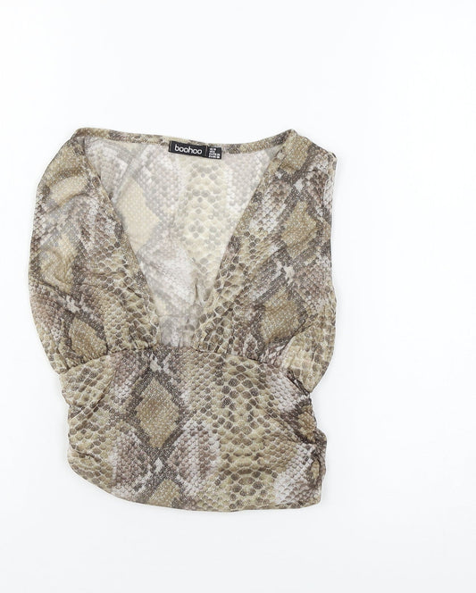 Boohoo Womens Beige Animal Print Mesh Basic T-Shirt Size 10