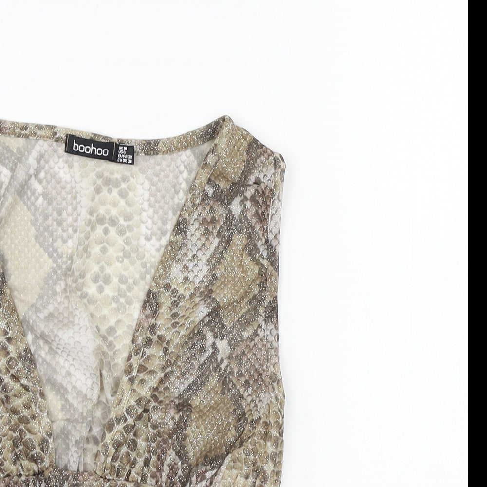 Boohoo Womens Beige Animal Print Mesh Basic T-Shirt Size 10