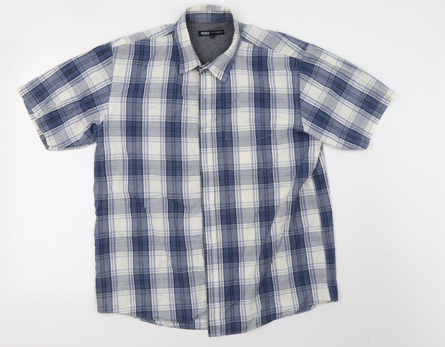 Mens UK Size L Easy Blue  Button-Up Short Sleeve Casual Shirt