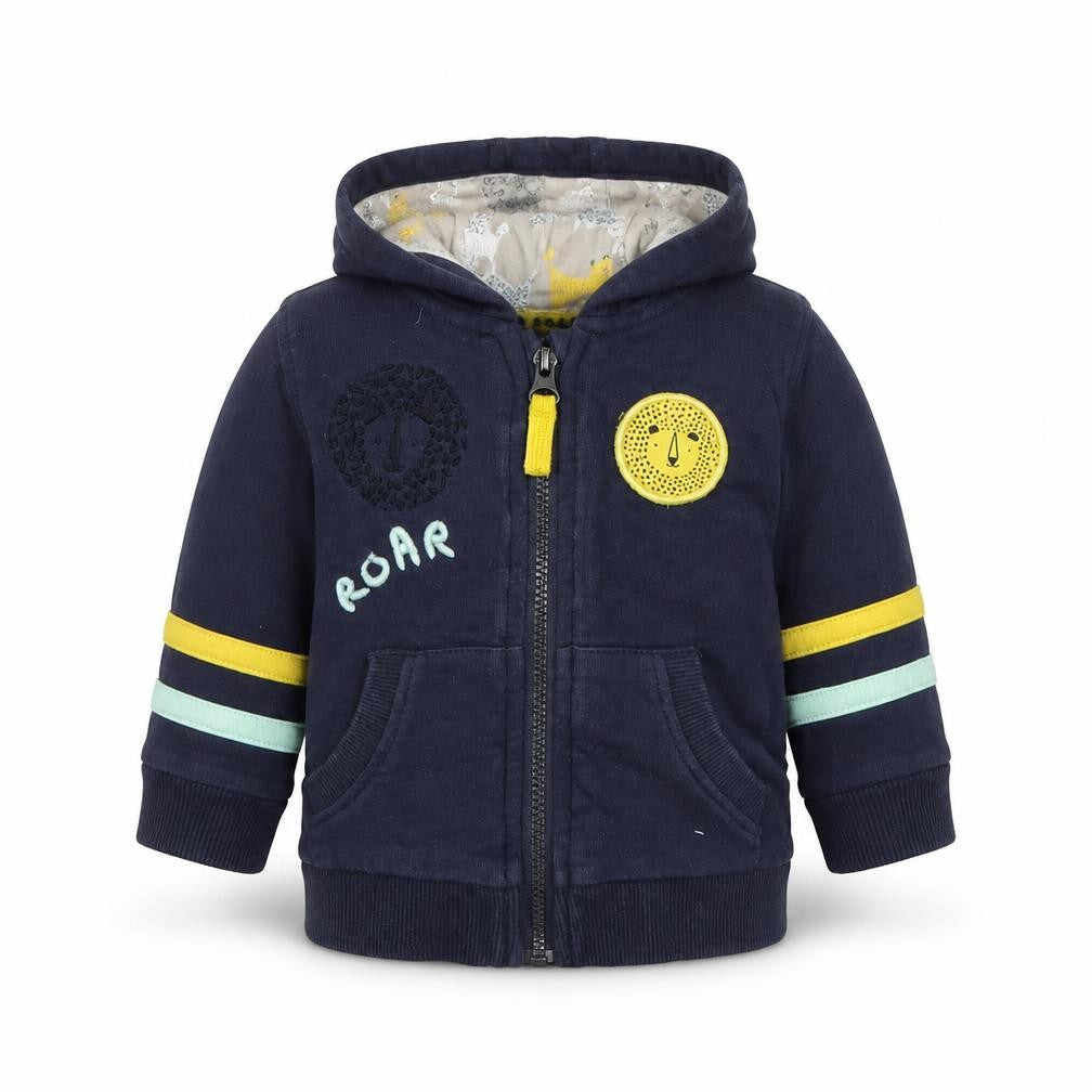 Front view of Mini Club boys’ blue full zip jumper, size 3-6, months