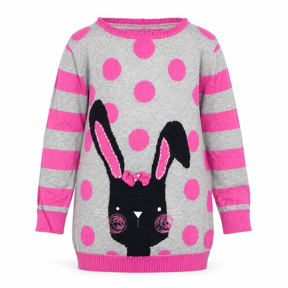 Front view of Minoti girls’ grey polka dot knit jumper, size 18-24, months - rabbit