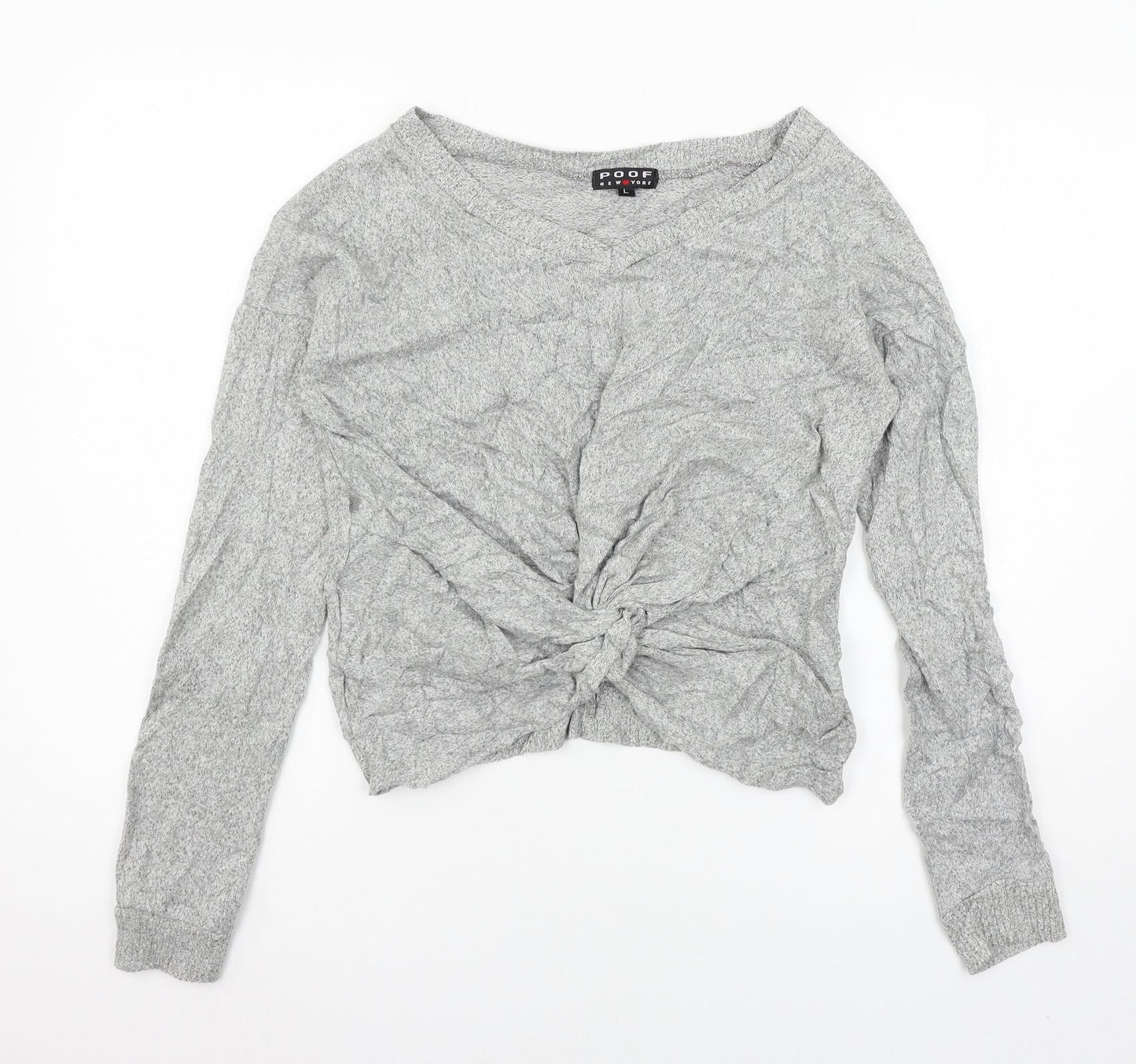 Poof Womens Grey  Knit Basic T-Shirt Size L  - Knot detail