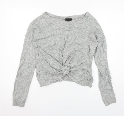 Poof Womens Grey  Knit Basic T-Shirt Size L  - Knot detail