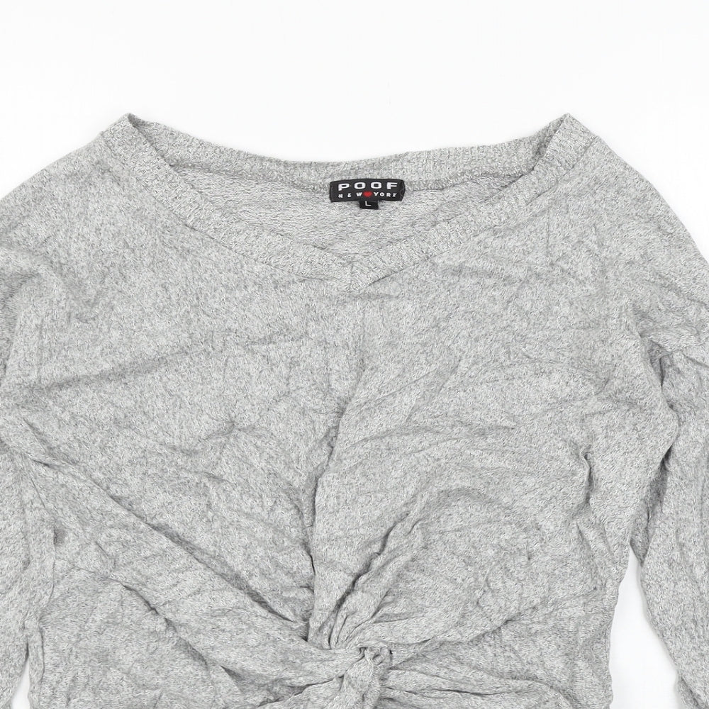 Poof Womens Grey  Knit Basic T-Shirt Size L  - Knot detail