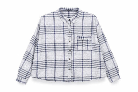 Front view of BDG women’s blue check basic button-up, size S
