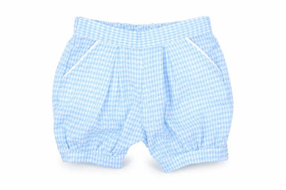 Front view of Preworn Baby Blue Check Capri Trousers, size 3-6, Months