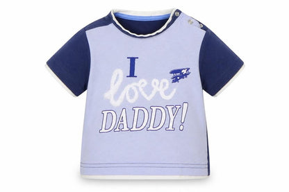 Front view of Mothercare Baby Blue Geometric Basic T-Shirt, size 6-9, Months