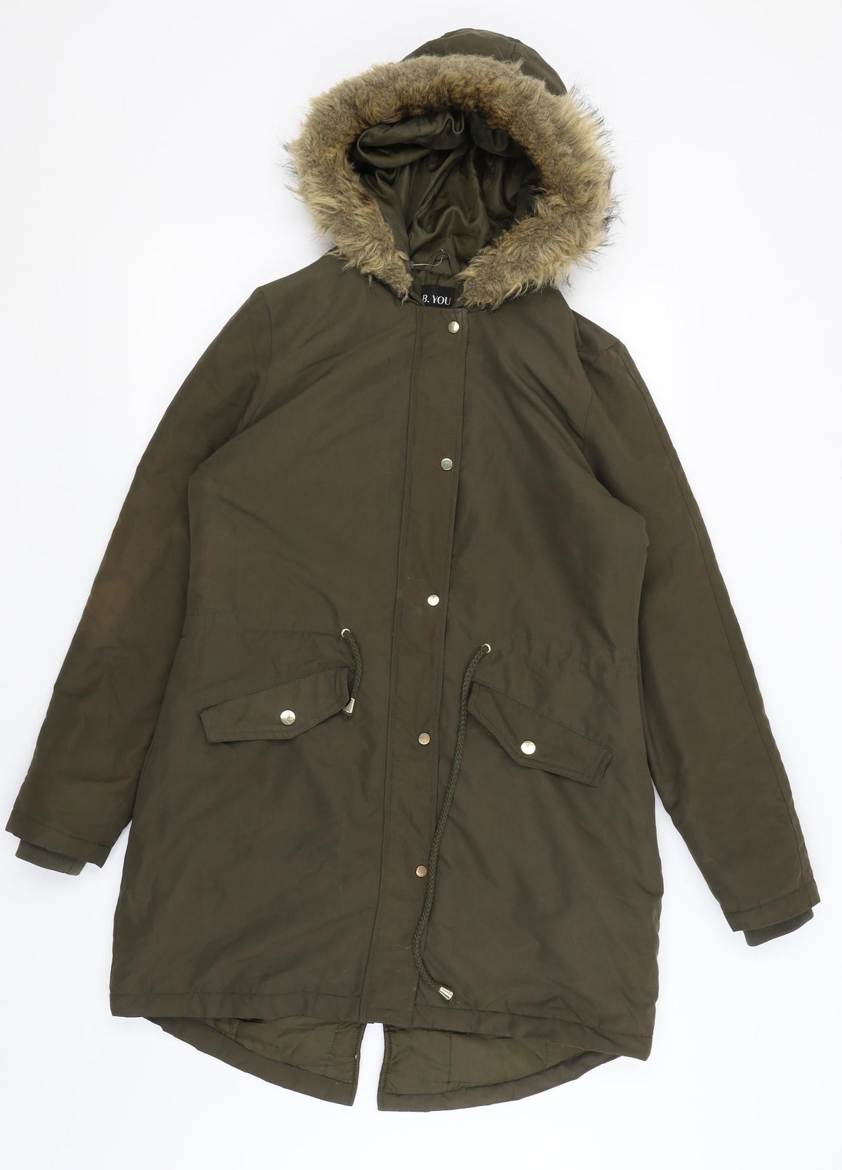 Front view of B You women’s green parka coat, size UK 8