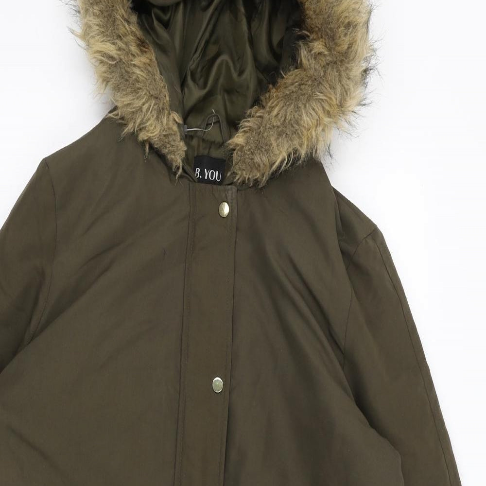 Close-up detail of B You women’s green parka coat, size UK 8