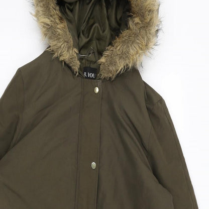 Close-up detail of B You women’s green parka coat, size UK 8