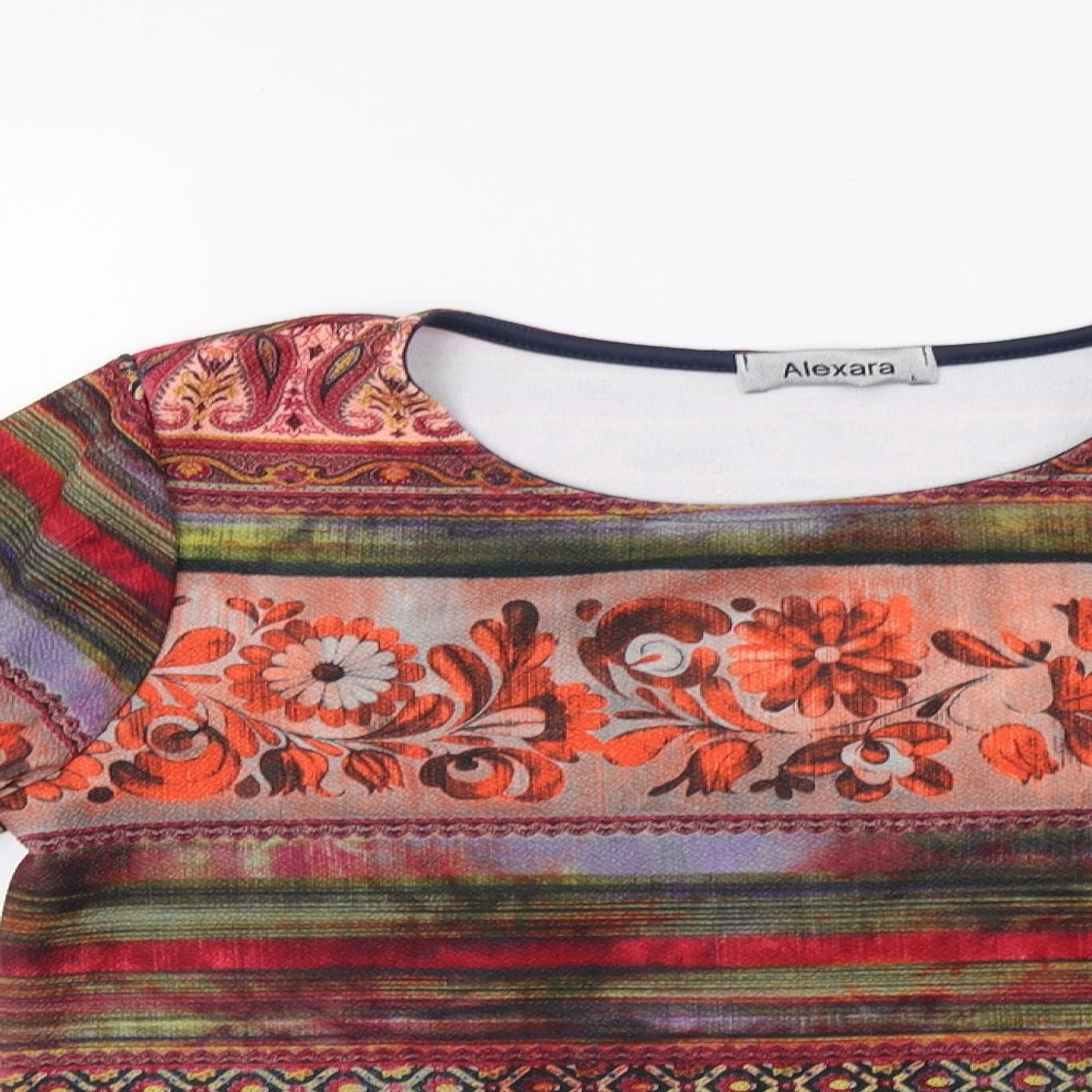 Close-up detail of alexara women’s orange geometric pullover sweatshirt, size L
