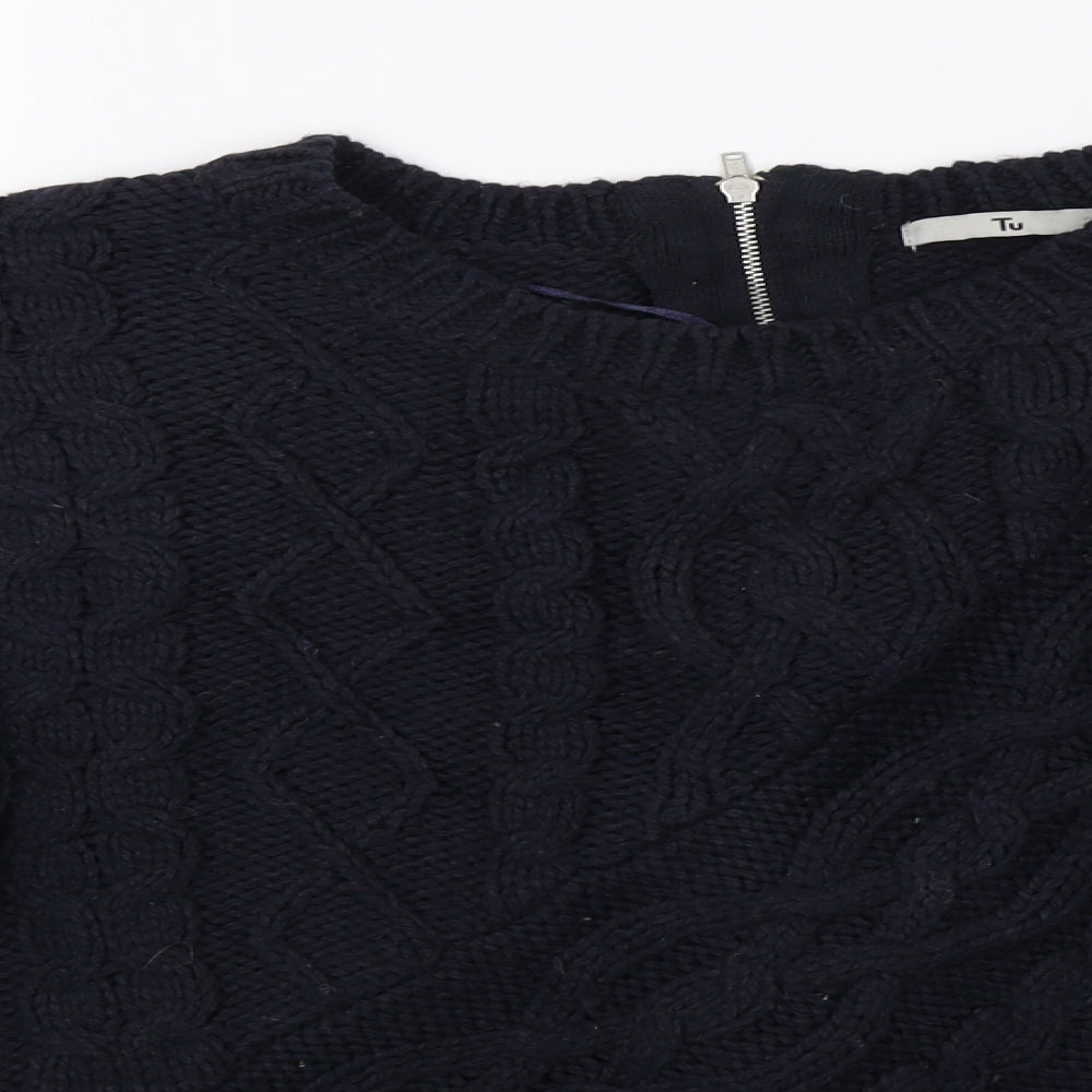 Close-up detail of TU women’s blue knit pullover sweatshirt, size UK 12
