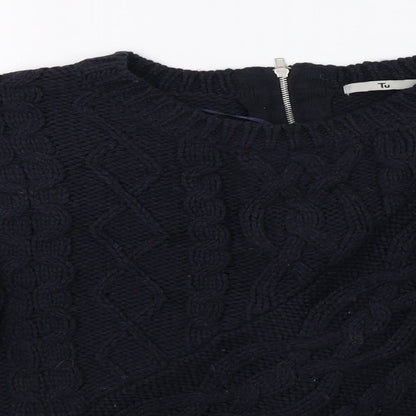 Close-up detail of TU women’s blue knit pullover sweatshirt, size UK 12