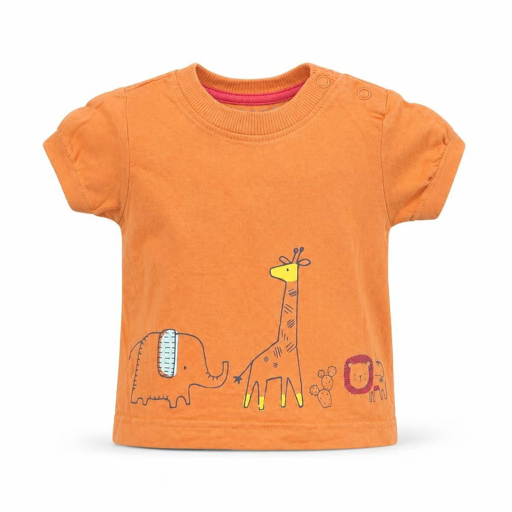 Front view of Nutmeg Baby Orange Animal Print Basic T-Shirt, size 3-6, Months