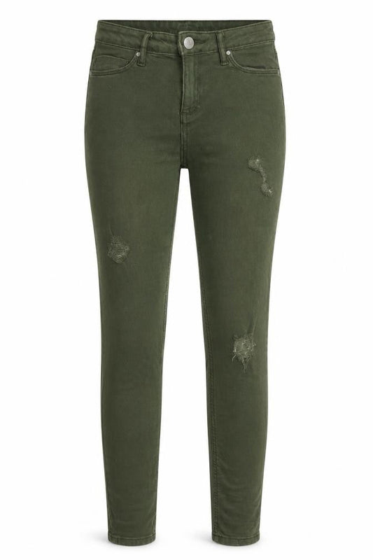 Front view of Miss Selfridge women’s green skinny jeans, size UK 8, 28-inch leg