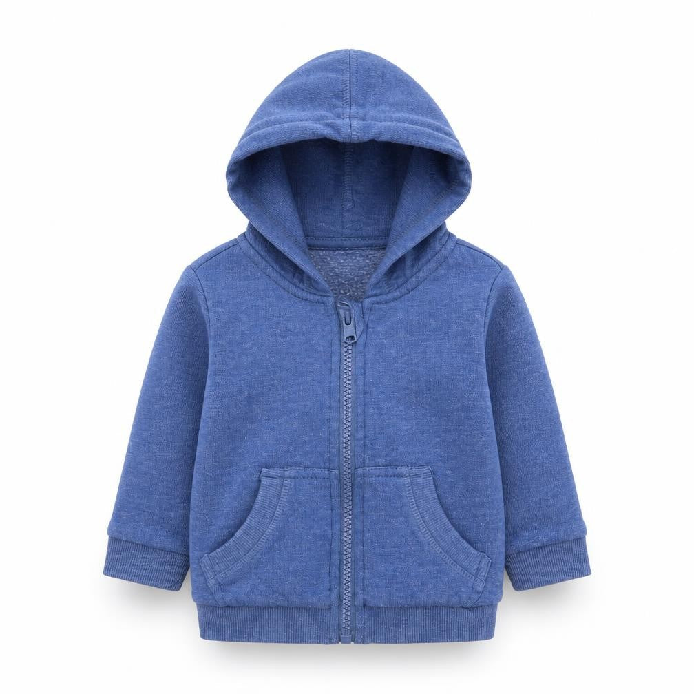 Front view of F&F boys’ blue full zip jumper, size 3-6, months