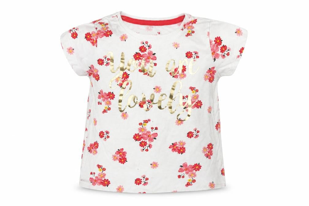 Front view of Primark girls’ pink floral basic t-shirt, size 12-18, months