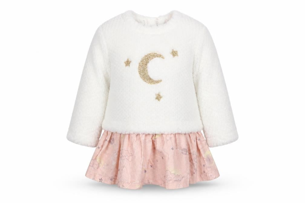 Front view of Isaac Mizrahi girls’ white floral jumper, size 12-18, months - faux skirt trim