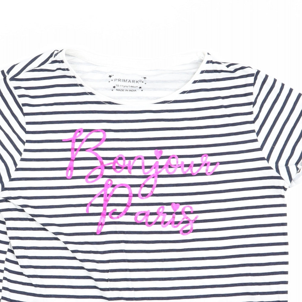 Primark Girls Blue Striped  Basic T-Shirt Size 10-11 Years  - Bonjour Paris