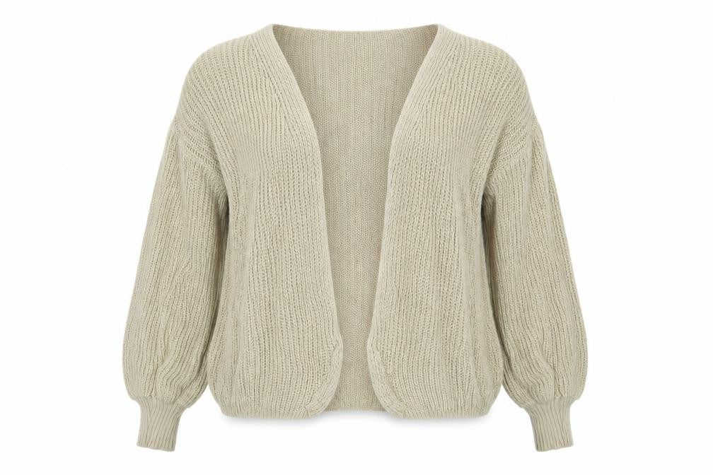Front view of I SAW IT FIRST women’s beige cardigan jumper, size UK 12