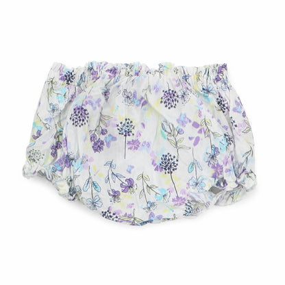 Front view of Pumpkin Patch girls’ purple floral cropped trousers, size 3-6, months