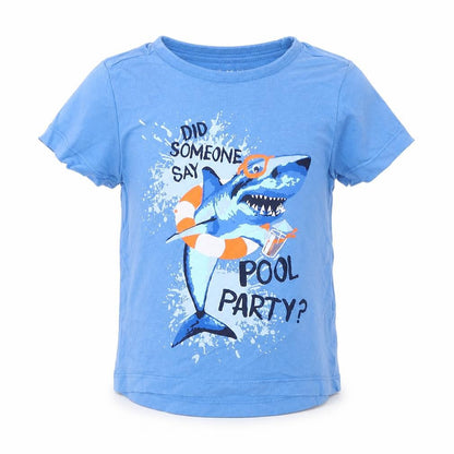 Front view of Nutmeg boys’ blue basic t-shirt, size 12-18, months - did someone say pool party? sharks