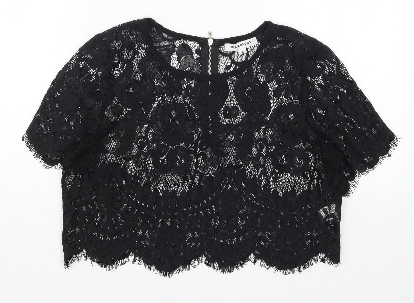 Glamorous Womens Black  Lace Cropped T-Shirt Size S