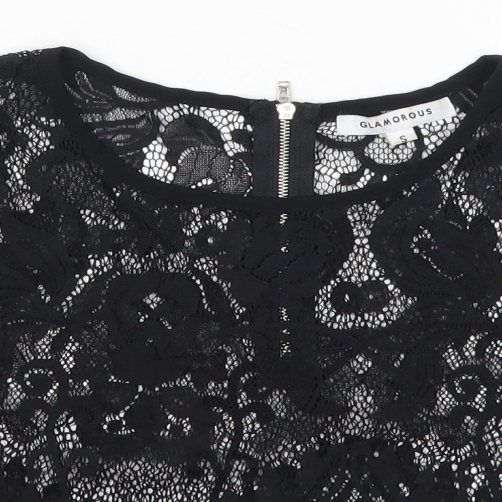 Glamorous Womens Black  Lace Cropped T-Shirt Size S