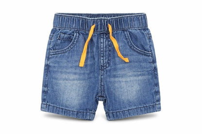 Front view of Bluezoo boys’ blue denim cropped jeans, size 3-6, months