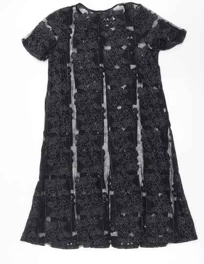 Lola Skye Womens Black Floral  T-Shirt Dress  Size 8  - Sheer panels