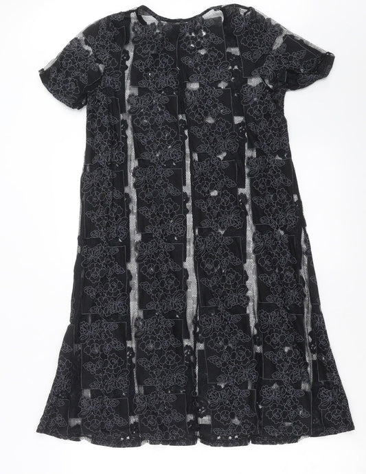 Lola Skye Womens Black Floral  T-Shirt Dress  Size 8  - Sheer panels