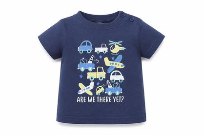 Front view of M&Co Baby Blue Basic T-Shirt, size 3-6, Months - Are we there yet?