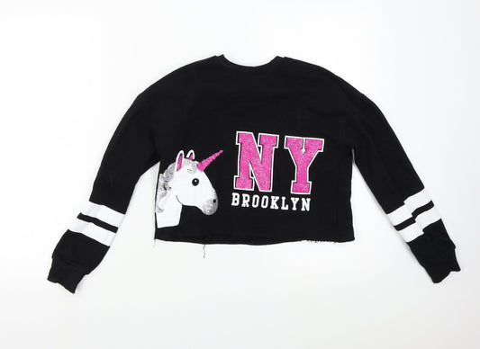 Primark Girls Black   Pullover Sweatshirt Size 10-11 Years  - Unicorn NY Brooklyn