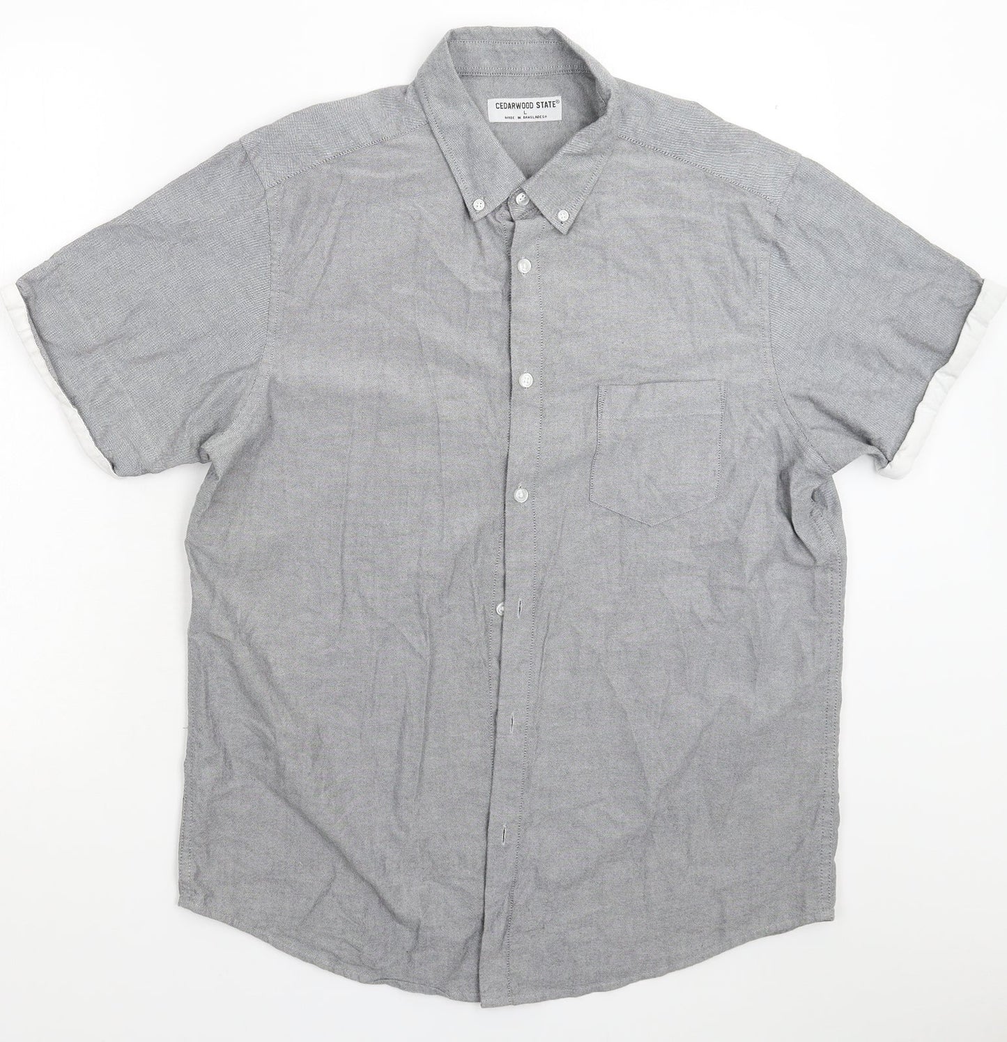 Mens UK Size L Cedar Wood State Grey  Button-Up Short Sleeve Casual Shirt
