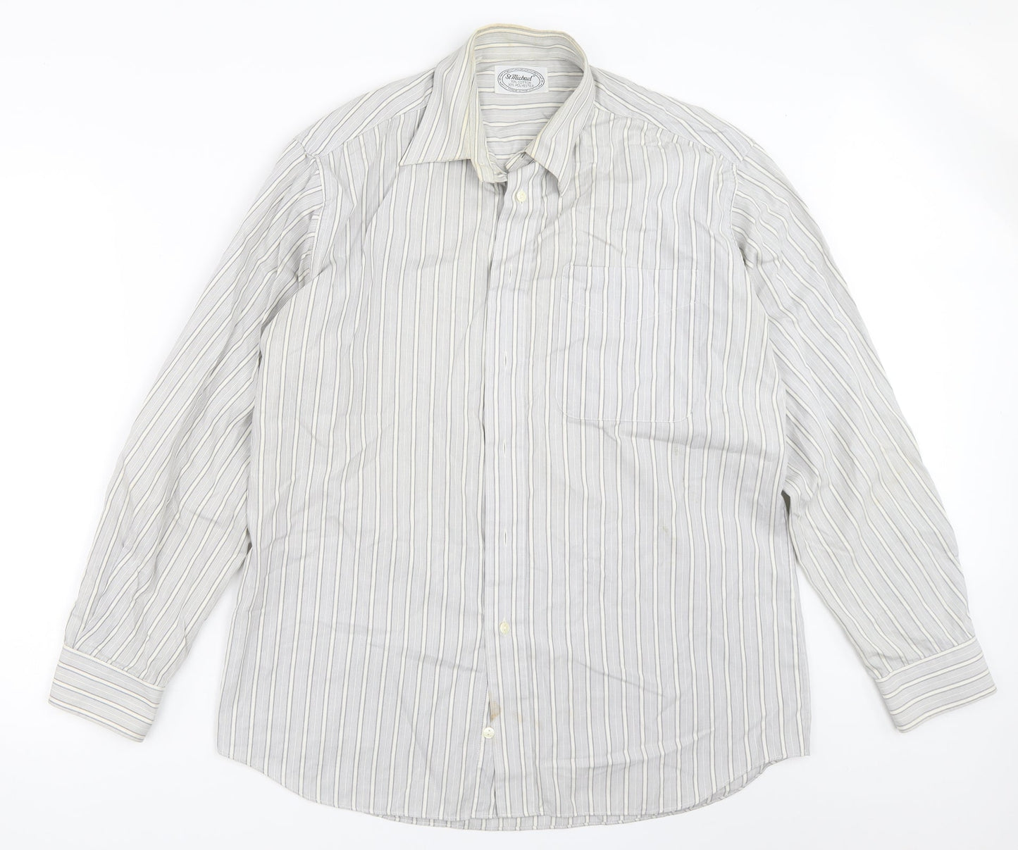 St Michael Mens Grey Striped   Button-Up Size 15.5
