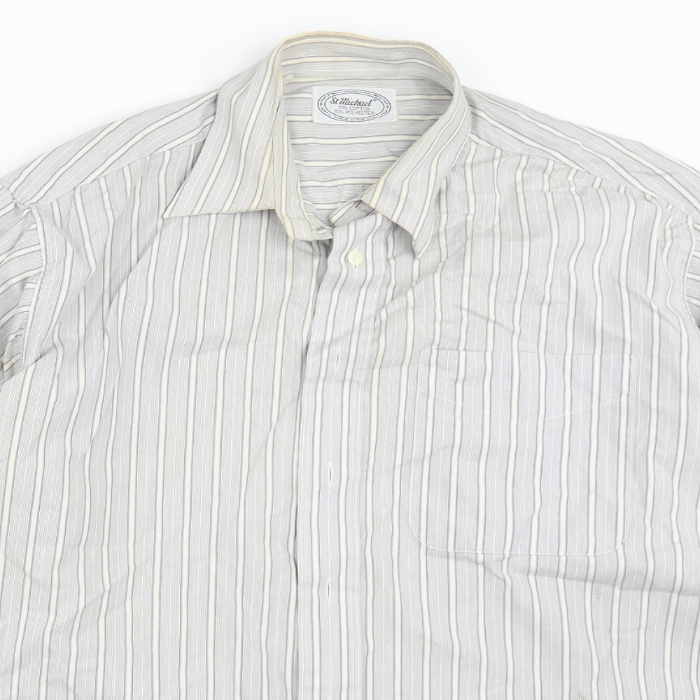 St Michael Mens Grey Striped   Button-Up Size 15.5