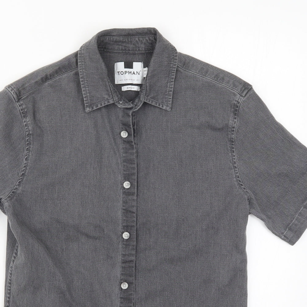 Mens UK Size S Topman Grey  Button-Up Short Sleeve Casual Shirt