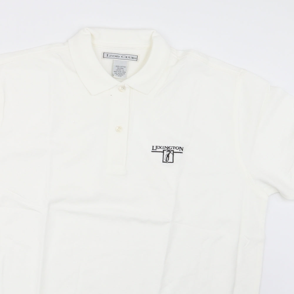 Close-up detail of Izod Club women’s white basic polo, size L