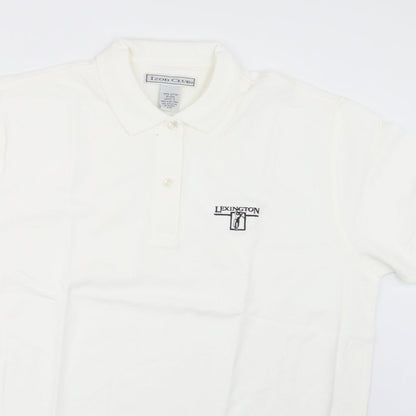 Close-up detail of Izod Club women’s white basic polo, size L