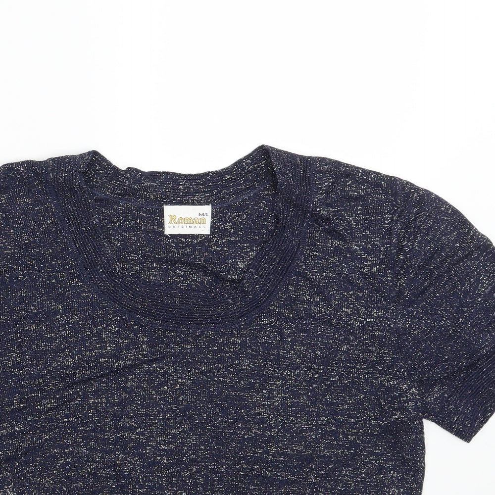 Close-up detail of Roman women’s blue pullover sweatshirt, size M