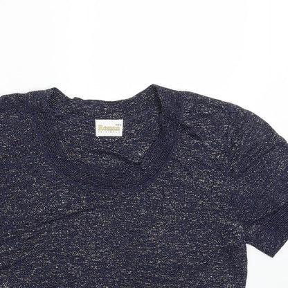 Close-up detail of Roman women’s blue pullover sweatshirt, size M