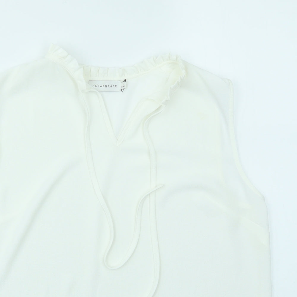 Close-up detail of paraphase women’s white basic blouse, size L