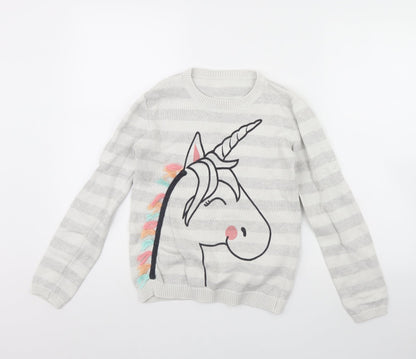 Nutmeg Girls Grey Striped  Pullover Jumper Size 12 Years  - Unicorn