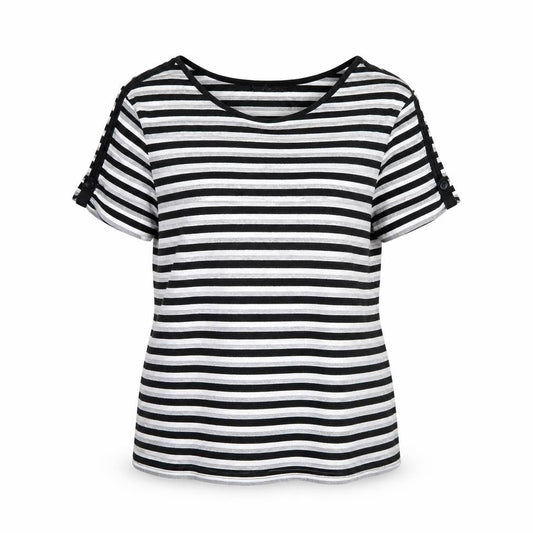 Front view of BM women’s black striped basic blouse, size M