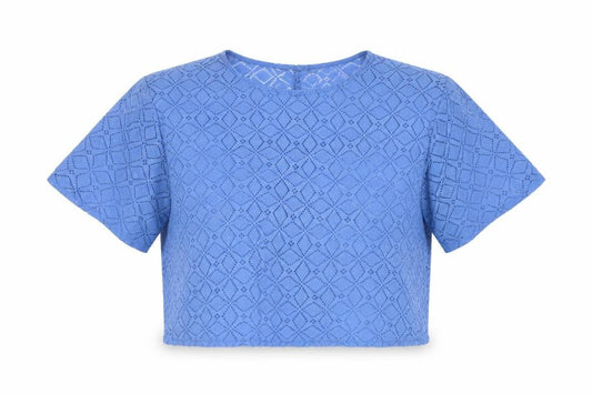 Front view of Atmosphere women’s blue argyle/diamond cropped t-shirt, size UK 12
